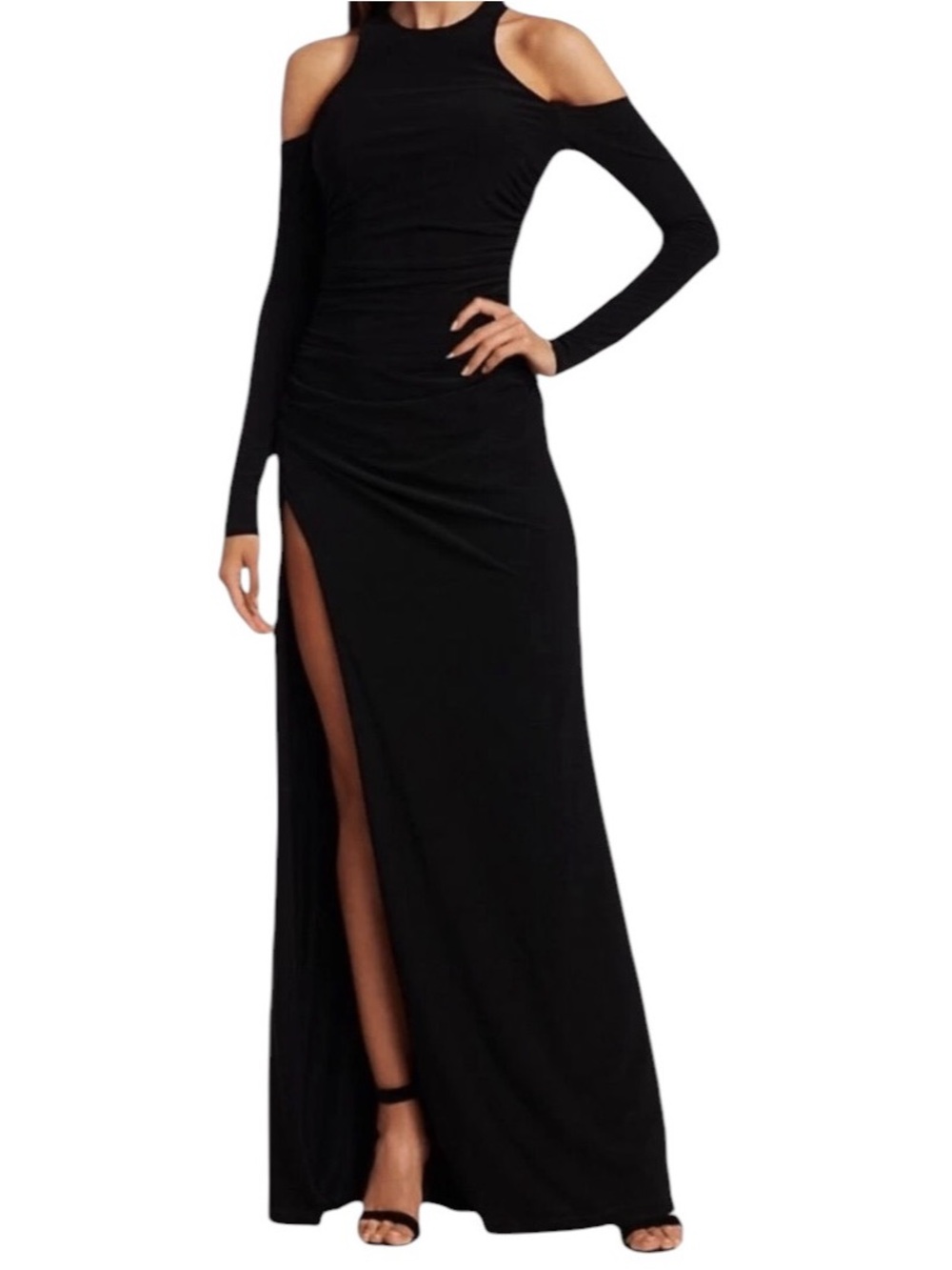 Cinq A Sept Size 2 Black Rosalina Cold Shoulder High Mock Turtleneck Gown